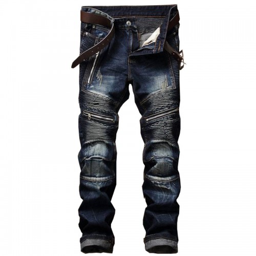 Men's Pleated Biker Jeans Pants Slim Fit Brand Designer Motocycle Denim Trousers For Male Straight Washed Multi Zipper